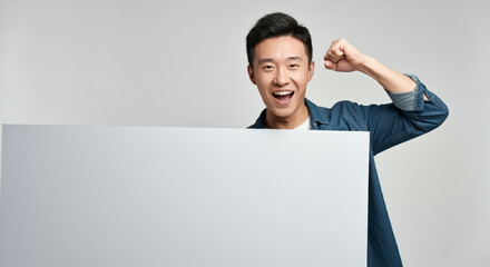 Chinese Man holding white board, white background