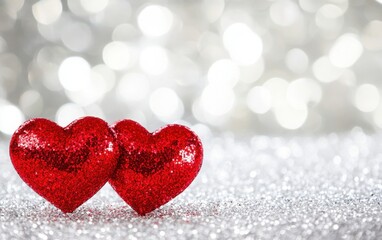 Fototapeta premium A close-up of two radiant red hearts set on a sparkling silver background with soft white bokeh lights, capturing the essence of love. 