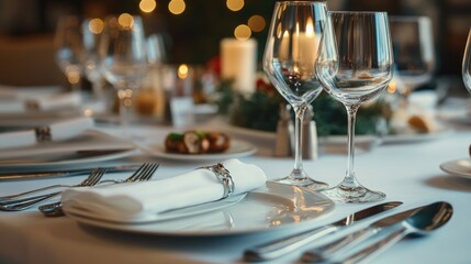 Table with a white tablecloth and a fancy dinner setting with a wine glass and a candle