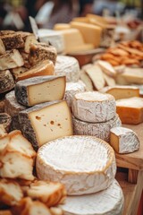Variety of cheeses are displayed on a wooden table. The cheeses are cut into different shapes and sizes, and they are arranged in a way that makes them look appetizing