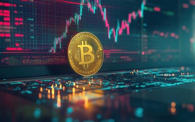A close-up view of a golden Bitcoin coin against a laptop displaying a stock market chart, highlighting the synergy between cryptocurrency and trading.