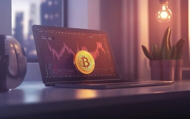 A detailed illustration of a golden Bitcoin coin centered before a laptop with a stock market chart on the screen. 