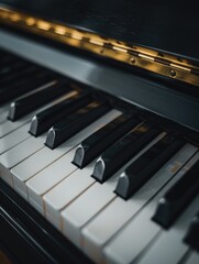 Black and white piano with white keys. The piano is open and the keys are visible