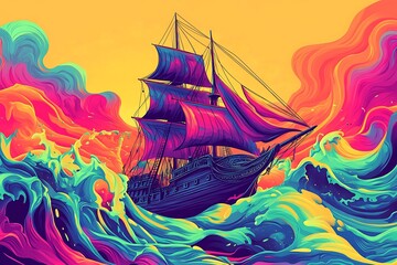 3D Vector Illustration of an Old Ship on Psychedelic Waves with Surreal Aesthetic