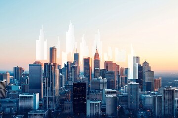 Obraz premium The vibrant city skyline adorned with towering skyscrapers is overlaid with an upward trending financial chart symbolizing the steady and stable growth of the local economy and business sector