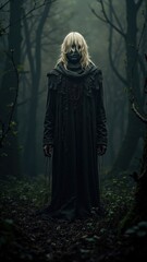 Fototapeta premium Mysterious woman wearing dark dress standing in foggy forest