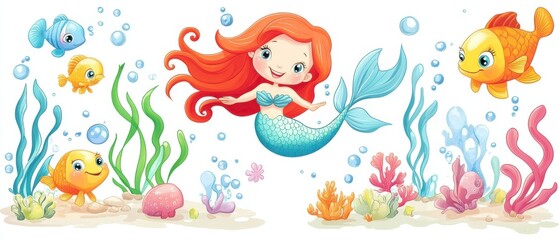 Fototapeta premium Adorable Little Mermaid Swimming with Colorful Fish in Vibrant Underwater Scene