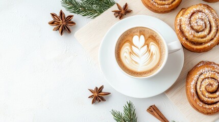 Steaming coffee and cinnamon rolls flatlay cozy home kitchen food
