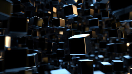 Abstract floating cubes, casting shadows on a dark background, arranged in a seemingly random 3D space. 