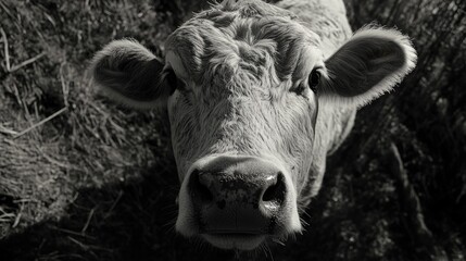 Cow with a black and white photo of it. The cow has a very serious expression on its face