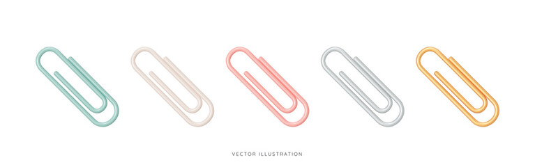 3D Paper clip emoji icon set. Office paperclip in blue, pink, gold, silver and beige colors. School supplies. Stationery elements. Cartoon design objects isolated on white. 3D Vector Illustration