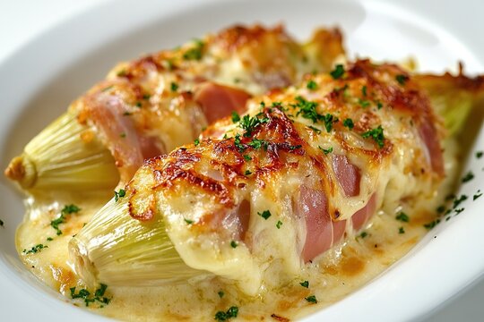 Belgian chicon au gratin (endive wrapped in ham and drizzled with b&eacute;chamel sauce)  on a clean white plate.