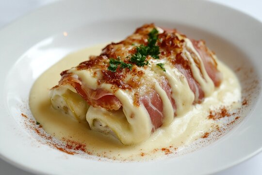 Belgian chicon au gratin (endive wrapped in ham and drizzled with b&eacute;chamel sauce)  on a clean white plate.