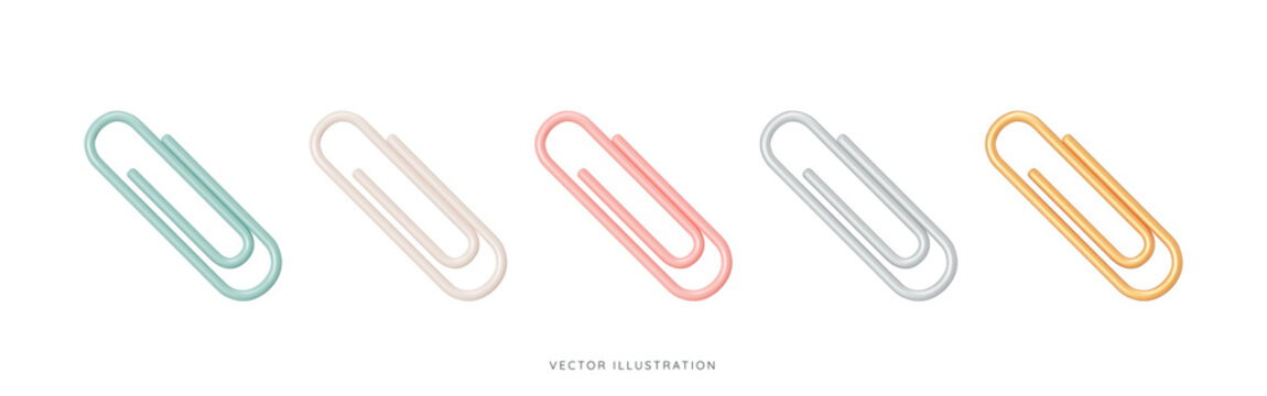 3D Paper clip emoji icon set. Office paperclip in blue, pink, gold, silver and beige colors. School supplies. Stationery elements. Cartoon design objects isolated on white. 3D Vector Illustration