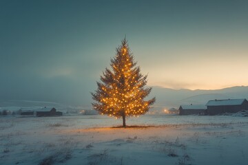 Christmas tree with lights standing in the snow at night, creating a beautiful festive background for a Christmas card.
