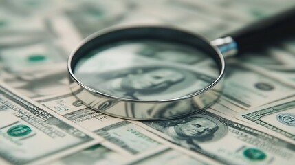Financial Fraud Investigation with Magnifying Glass over Legal Documents and Money