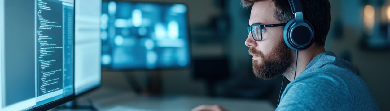Focused programmer working on code while wearing headphones in a modern tech workspace with multiple monitors.