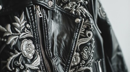 A luxurious, black leather jacket with bold, handmade silver thread embroidery on the sleeves, isolated on a white background 