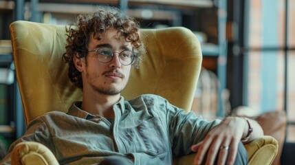 Obraz premium Man with curly hair and glasses is sitting in a yellow chair. He is looking at the camera with a serious expression