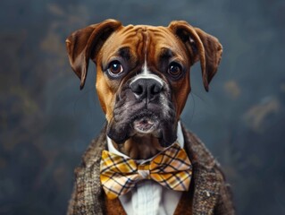 Fototapeta premium Brown dog wearing a yellow bow tie and a jacket. The dog has a serious expression on its face