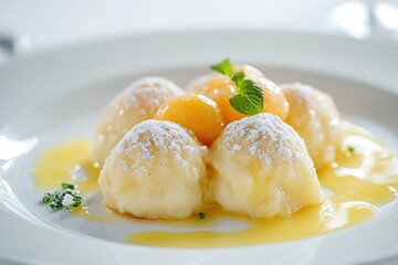 A plate of Austrian apricot dumplings (marillenkndel) sprinkled with powdered sugar and served with melted butter.