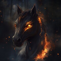 Beautiful Fire Horse with Glowing Effect in Fantasy Style on a Black Background
