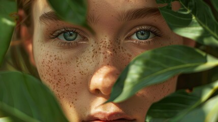 Woman with green eyes and a green leaf in her hair. The leaf is partially covering her face