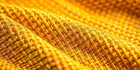 Naklejka premium Abstract Yellow Fabric Texture: Close-Up Photography, Detailed Pattern, Golden Hues, Textile Design