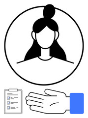 Female avatar in a circle, open hand gesture, checklist with checkmarks. Ideal for task management, support, human resources, communication, guidance organization assistance. Line metaphor