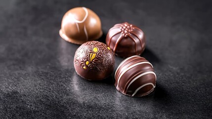 Obraz premium A beautifully crafted chocolate truffle sits alone against a dark backdrop, radiating a sense of indulgence and luxury. The truffles intricate patterns and vibrant colors pop against the deep tones,