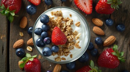 Bowl of yogurt with blueberries and strawberries on top. The bowl is on a wooden table