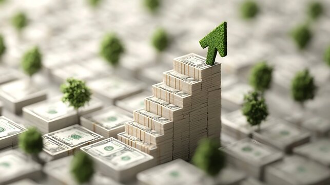 A steady financial arrow climbing steps made of money symbolizing stability growth and financial progress  The image represents the concept of wealth accumulation market success and rising profits