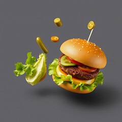  burger with lettuce, pickles, and pickle on a gray background.