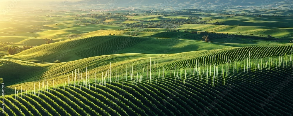 Poster verdant green fields and rolling hills with embedded financial charts graphs and data visualizations