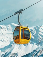Obraz premium Ski lift with a yellow caboose is suspended in the air above a snowy mountain. The caboose is filled with people and luggage, and the ski lift is moving up the mountain. The scene is lively