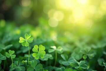 Field of green grass with two clovers in the foreground. The clovers are green and have three leaves