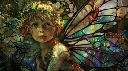 Fairy in stained glass window. Multicolored stained glass.