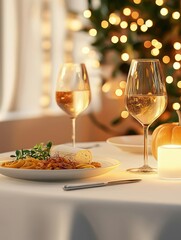 Romantic dinner scene, table for two, pumpkin spice-inspired meal, dim lighting, 3D illustration