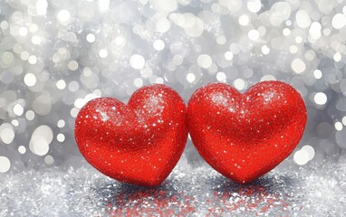 Fototapeta premium Two vibrant red hearts resting on a shimmering silver background adorned with soft white bokeh lights, creating a dreamy and romantic setting perfect for a Valentine's Day card. 