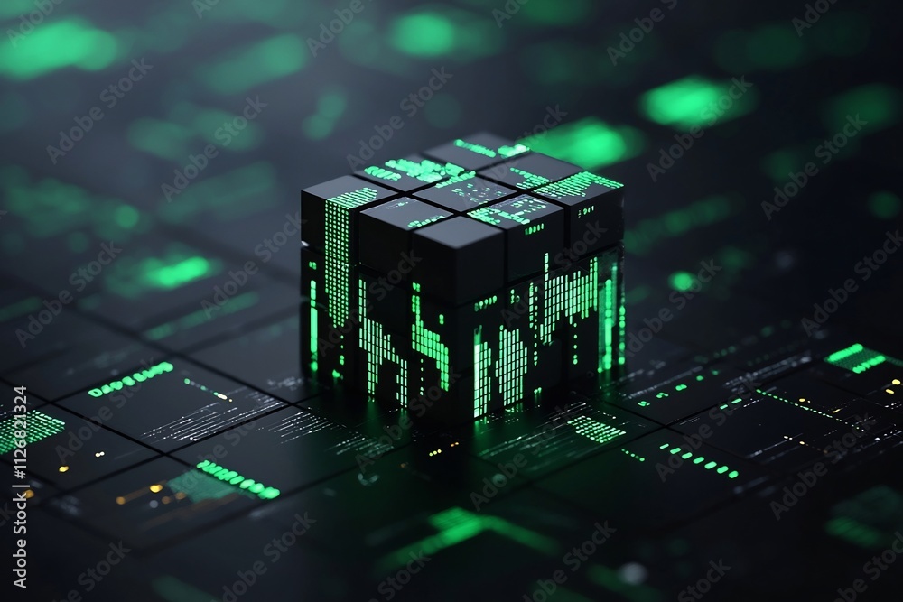 Poster sleek abstract cube formed by interlocking data analytics charts and graphs with a stable green upwa