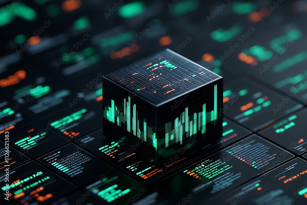 Poster abstract cube shaped data visualization displaying upward trending charts and graphs with green high