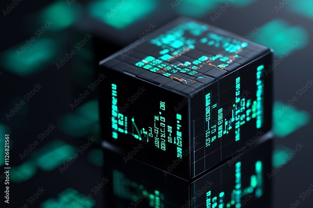 Poster abstract data cube with green highlights showing stable upward trends in digital analytics financial