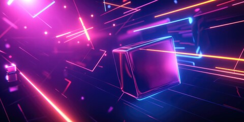 Neon colored background with a box in the middle. The box is surrounded by bright lines and is the main focus of the image. Scene is energetic and futuristic