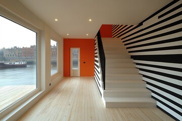 A white and black striped wall with a staircase leading up to it