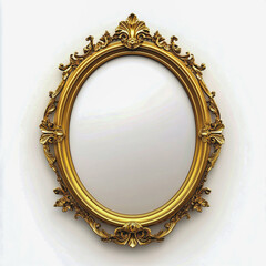 Antique round oval gold picture mirror frame isolated on white background.
