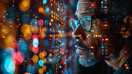 Senior Man Analyzing Digital Data, Futuristic Technology Concept with Binary Code Visualization