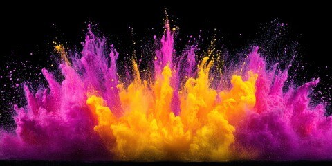 Vibrant explosion of pigments creating cascading patterns with radiant pink, yellow, and purple hues, illuminated atmosphere.