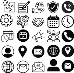 A set of business-related icons in black and white, covering various concepts like teamwork, communication, and productivity
