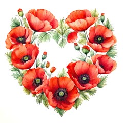 Obraz premium Vibrant heart-shaped wreath of red poppies painted with delicate watercolour techniques