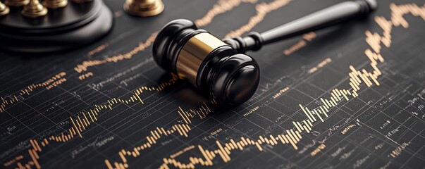 Detailed of a financial courtroom setting featuring interlocked gavels and market symbols representing the intersection of the legal and financial realms